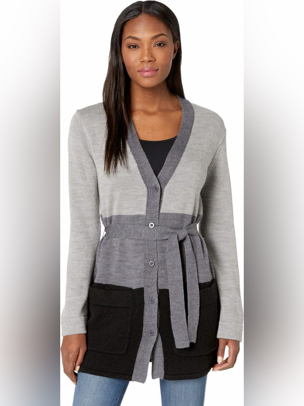 Carve Designs Wool Gray and Black Colorblock Long Cardigan Duster Belt Pockets